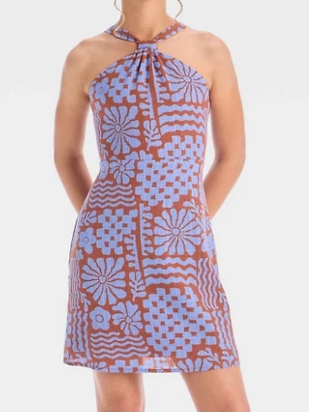 art class Halter Patchwork Floral Mini Dress in Light Blue and Brown